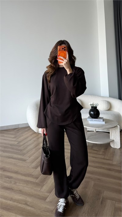Bel Drape Detay İspanyol Kol Sweat Ve Eşofmanlı İkili Modal Takım Kahve 2493