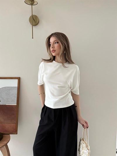 Bel Drape Detay Modal Tişört Beyaz 2184