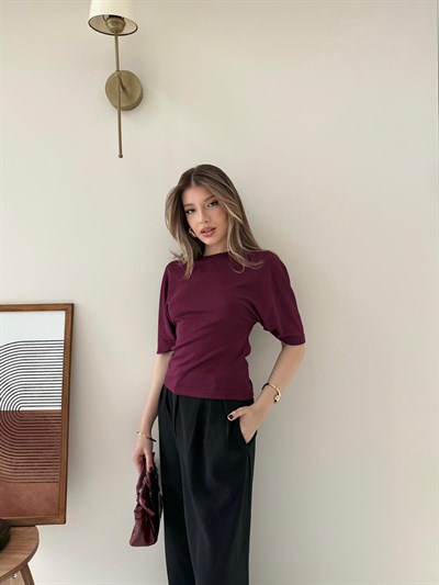 Bel Drape Detay Modal Tişört Bordo 2184