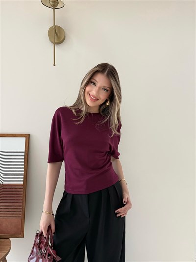 Bel Drape Detay Modal Tişört Bordo 2184