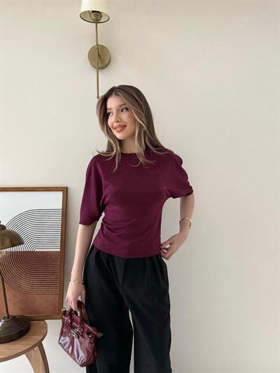 Bel Drape Detay Modal Tişört Bordo 2184