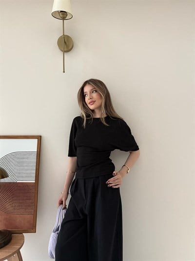 Bel Drape Detay Modal Tişört Siyah 2184