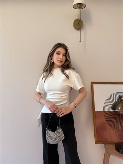 Bel Drape Saçaklı Modal Tişört Beyaz 2326