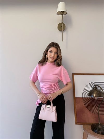 Bel Drape Saçaklı Modal Tişört Pembe 2326