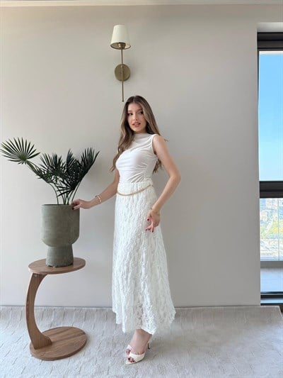 Bel Gold Kemer Detay Dantel İç Astarlı Etek Beyaz 2230