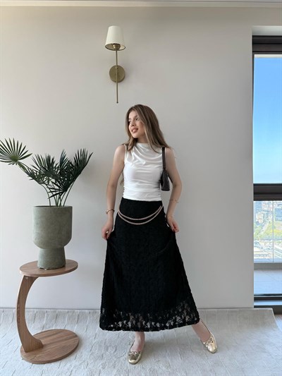 Bel Gold Kemer Detay Dantel İç Astarlı Etek Siyah 2230