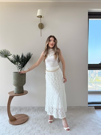 Bel Gold Kemer Detay Dantel İç Astarlı Etek Beyaz 2230