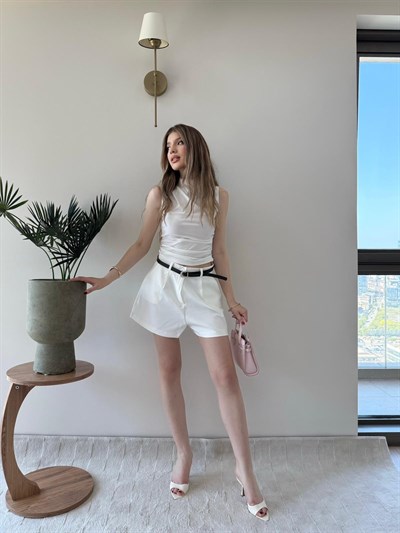 Bel Kemer Detay Double Kumaş Yüksek Bel Şort Beyaz 2228