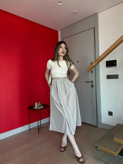 Bel Kemer Detay Etek Cepli Elbise Bej Taş 2249