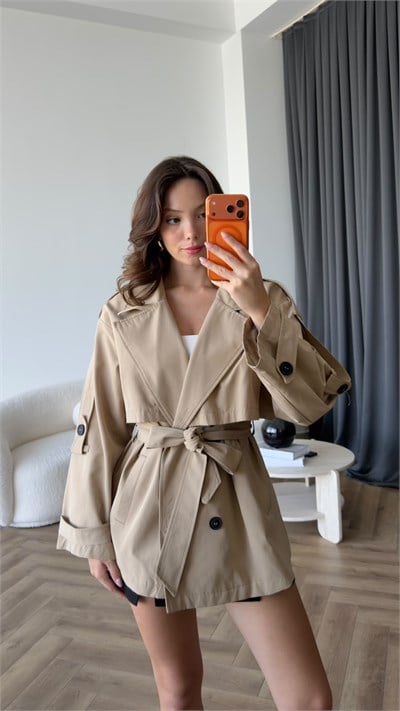 Bel Kemer Omuz Apolet Detay İç Astarlı Premium Trençkot Bej 2403