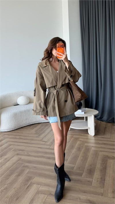 Bel Kemer Omuz Apolet Detay İç Astarlı Premium Trençkot Açık Kahve 2403