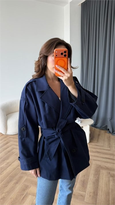 Bel Kemer Omuz Apolet Detay İç Astarlı Premium Trençkot Lacivert 2403