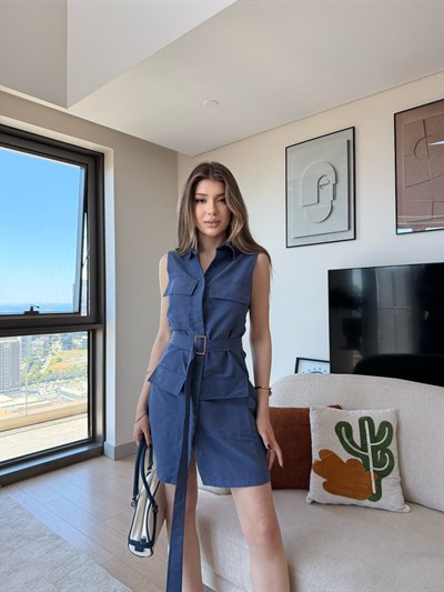 Bel Kemerli Cep Detay Elbise İndigo 2350
