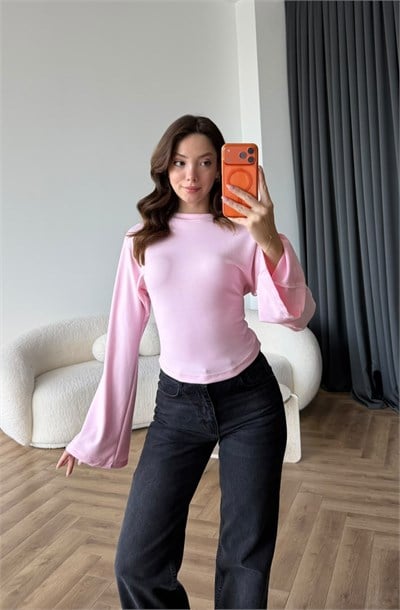 Bel Korse Detay İspanyol Kol Modal Bluz Pembe 2490