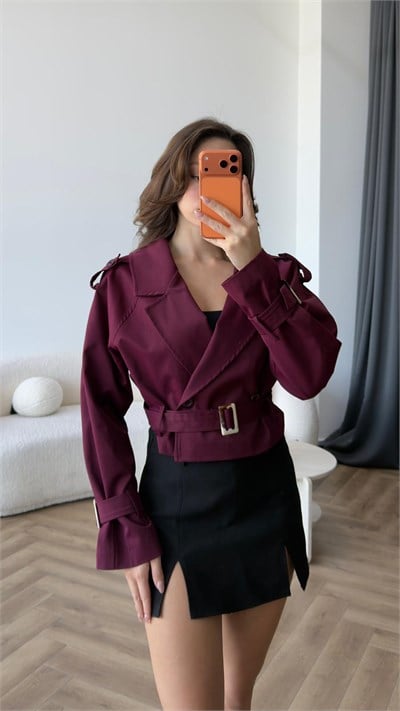 Bel Kuşaklı Astarlı Kısa Trençkot Bordo 2416