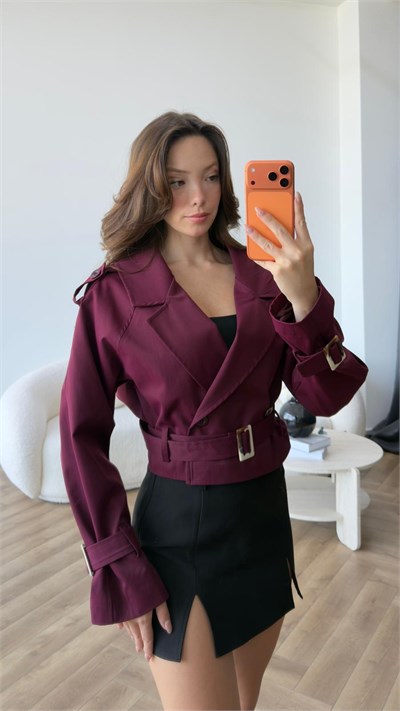 Bel Kuşaklı Astarlı Kısa Trençkot Bordo 2416