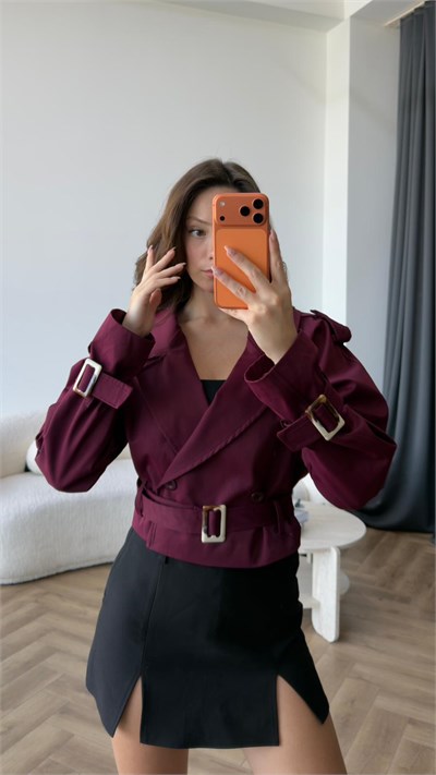 Bel Kuşaklı Astarlı Kısa Trençkot Bordo 2416