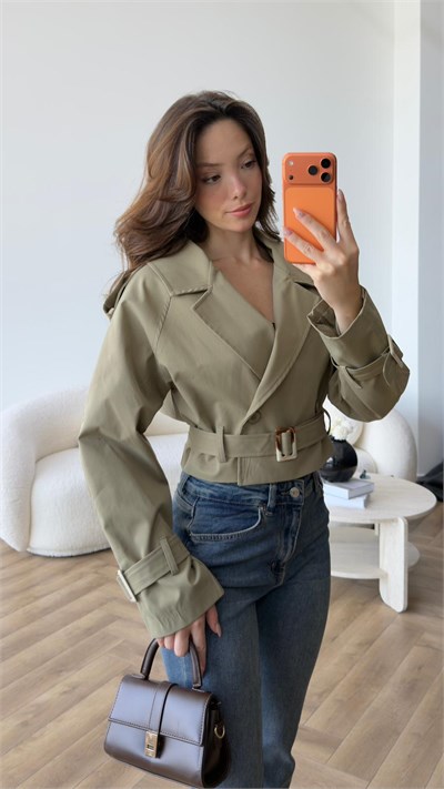 Bel Kuşaklı Astarlı Kısa Trençkot Haki 2416