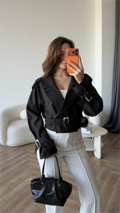 Bel Kuşaklı Astarlı Kısa Trençkot Siyah 2416