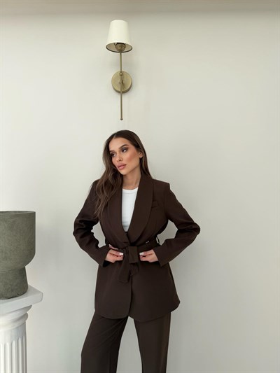 Bel Kuşaklı Blazer Ceket Ve Pantolonlu Double Kumaş İkili Takım Kahverengi 2084