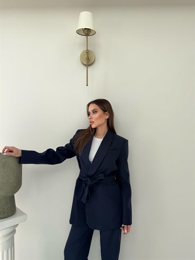 Bel Kuşaklı Blazer Ceket Ve Pantolonlu Double Kumaş İkili Takım Lacivert 2084