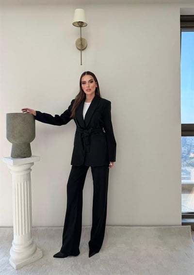 Bel Kuşaklı Blazer Ceket Ve Pantolonlu Double Kumaş İkili Takım Siyah 2084