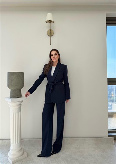 Bel Kuşaklı Blazer Ceket Ve Pantolonlu Double Kumaş İkili Takım Lacivert 2084