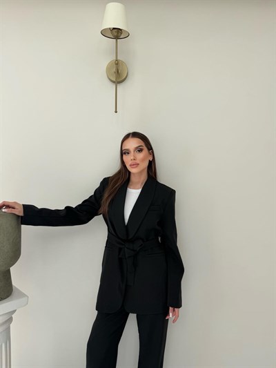 Bel Kuşaklı Blazer Ceket Ve Pantolonlu Double Kumaş İkili Takım Siyah 2084