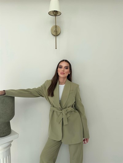 Bel Kuşaklı Blazer Ceket Ve Pantolonlu Double Kumaş İkili Takım Haki 2084