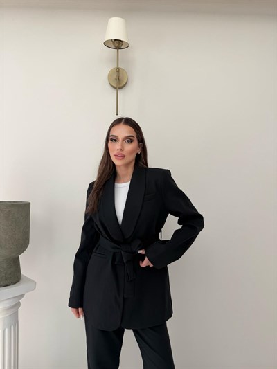 Bel Kuşaklı Blazer Ceket Ve Pantolonlu Double Kumaş İkili Takım Siyah 2084