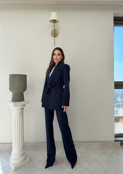 Bel Kuşaklı Blazer Ceket Ve Pantolonlu Double Kumaş İkili Takım Lacivert 2084