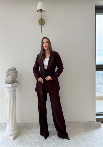 Bel Kuşaklı İç Astarlı Blazer Ceket Ve Palazzo Bel Lastikli Pantolonlu İkili Kumaş Takım Mürdüm 2051