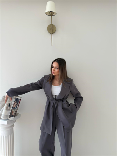 Bel Kuşaklı İç Astarlı Blazer Ceket Ve Palazzo Bel Lastikli Pantolonlu İkili Kumaş Takım Gri 2051
