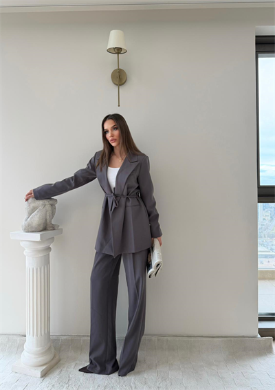 Bel Kuşaklı İç Astarlı Blazer Ceket Ve Palazzo Bel Lastikli Pantolonlu İkili Kumaş Takım Gri 2051