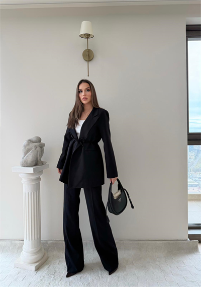 Bel Kuşaklı İç Astarlı Blazer Ceket Ve Palazzo Bel Lastikli Pantolonlu İkili Kumaş Takım Siyah 2051