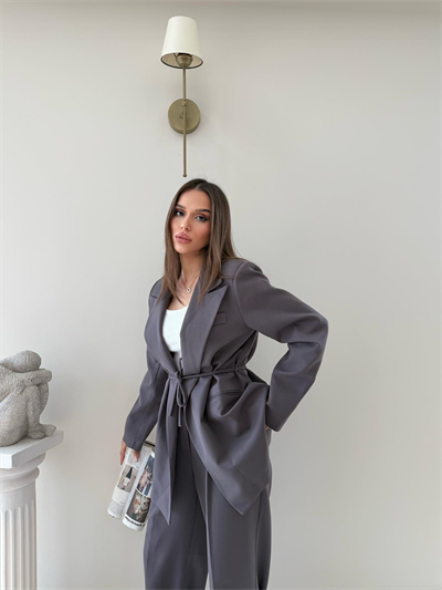 Bel Kuşaklı İç Astarlı Blazer Ceket Ve Palazzo Bel Lastikli Pantolonlu İkili Kumaş Takım Gri 2051