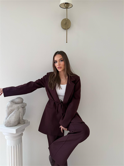 Bel Kuşaklı İç Astarlı Blazer Ceket Ve Palazzo Bel Lastikli Pantolonlu İkili Kumaş Takım Mürdüm 2051