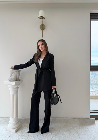 Bel Kuşaklı İç Astarlı Blazer Ceket Ve Palazzo Bel Lastikli Pantolonlu İkili Kumaş Takım Siyah 2051