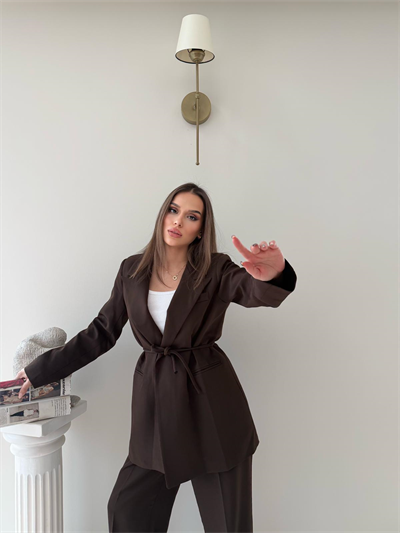Bel Kuşaklı İç Astarlı Blazer Ceket Ve Palazzo Bel Lastikli Pantolonlu İkili Kumaş Takım Acı Kahve 2051