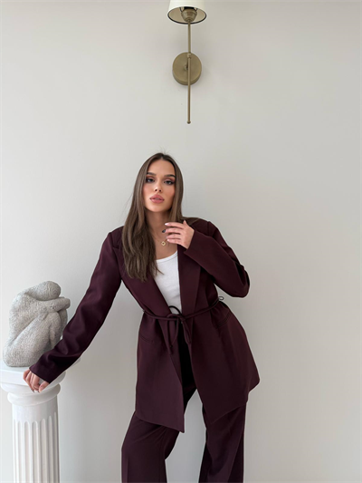 Bel Kuşaklı İç Astarlı Blazer Ceket Ve Palazzo Bel Lastikli Pantolonlu İkili Kumaş Takım Mürdüm 2051