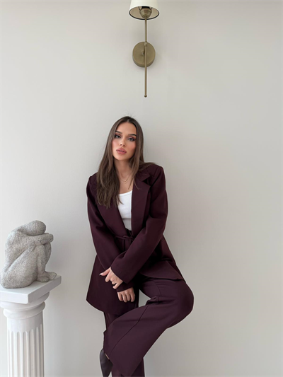 Bel Kuşaklı İç Astarlı Blazer Ceket Ve Palazzo Bel Lastikli Pantolonlu İkili Kumaş Takım Mürdüm 2051