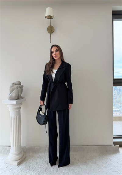 Bel Kuşaklı İç Astarlı Blazer Ceket Ve Palazzo Bel Lastikli Pantolonlu İkili Kumaş Takım Siyah 2051
