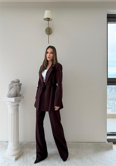 Bel Kuşaklı İç Astarlı Blazer Ceket Ve Palazzo Bel Lastikli Pantolonlu İkili Kumaş Takım Mürdüm 2051