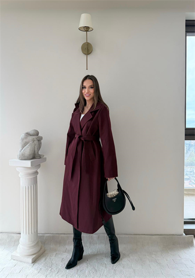 Bel Kuşaklı İç Astarlı Trençkot Bordo 2050
