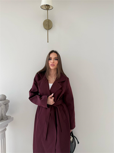 Bel Kuşaklı İç Astarlı Trençkot Bordo 2050