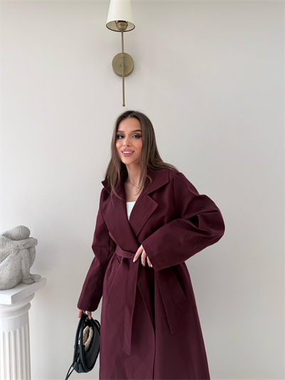 Bel Kuşaklı İç Astarlı Trençkot Bordo 2050