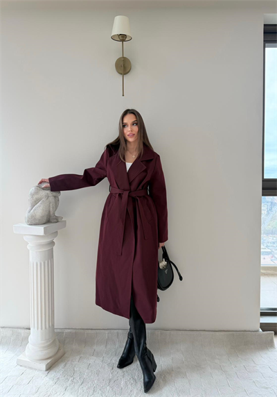 Bel Kuşaklı İç Astarlı Trençkot Bordo 2050