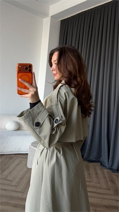 Bel Kuşaklı Omuz Apolet Detay Astarlı Uzun Premium Trençkot Mint 2423