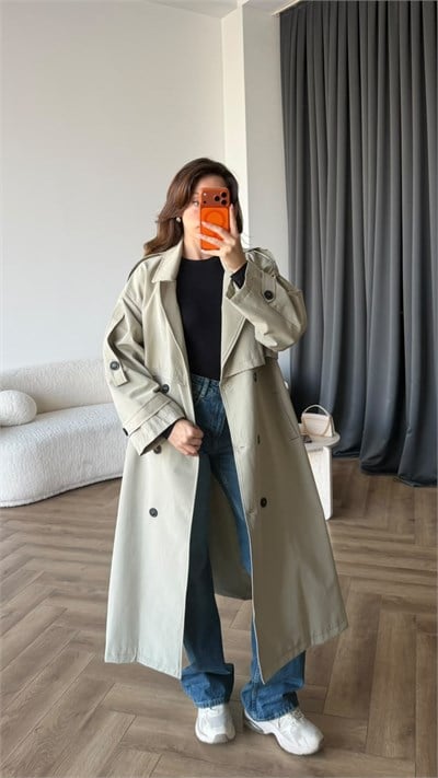 Bel Kuşaklı Omuz Apolet Detay Astarlı Uzun Premium Trençkot Mint 2423
