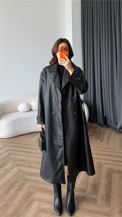 Bel Kuşaklı Uzun Oversize İç Astarlı Deri Mont Siyah 2486
